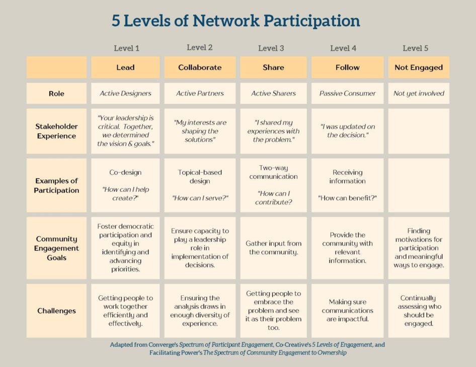 A table of 5 levels of network participation including: lead, collaborate, share, follow, not engaged. Each participation level includes additional detail about the role, stakeholder experience, participation, community engagement goals, and challenges.