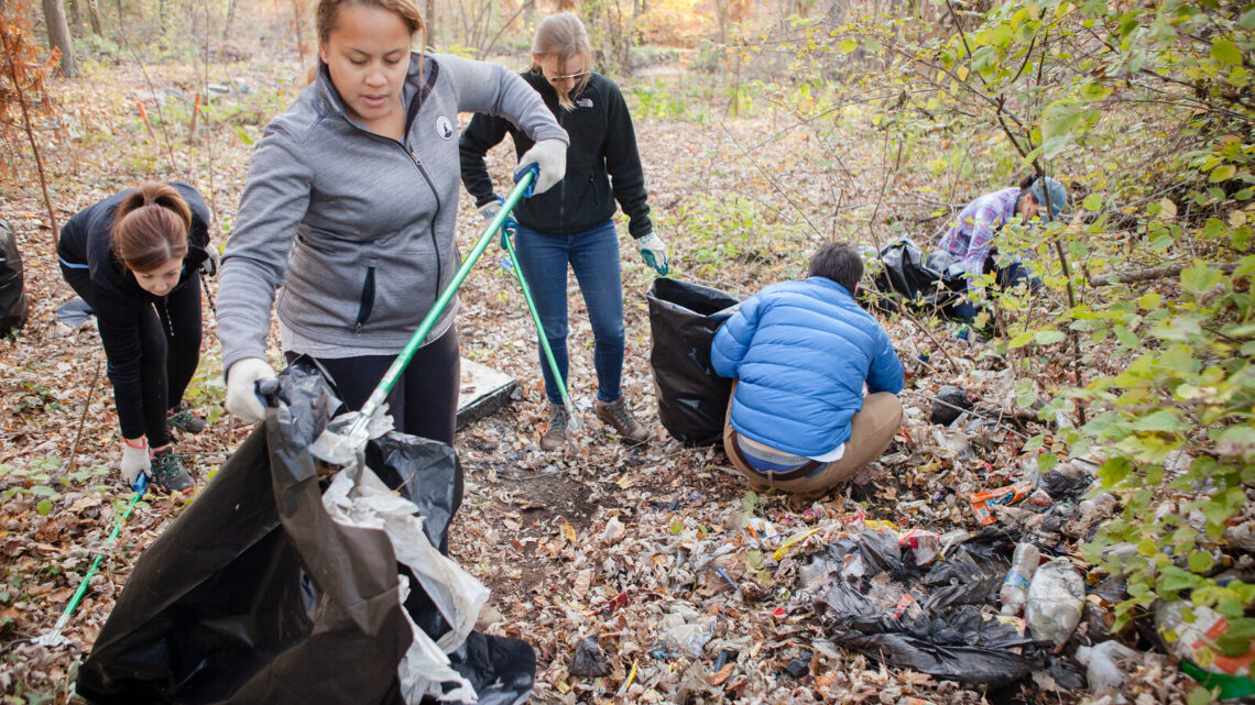 A group of volunteers picking up trash in the woods.