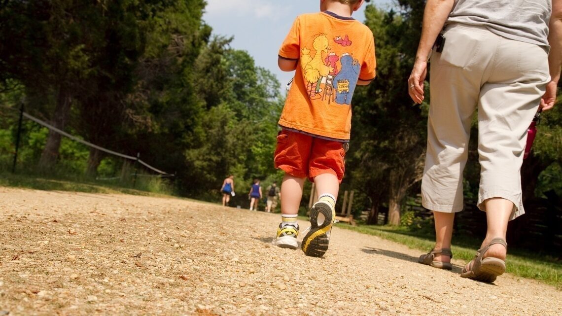 Child and adult walking on a path
