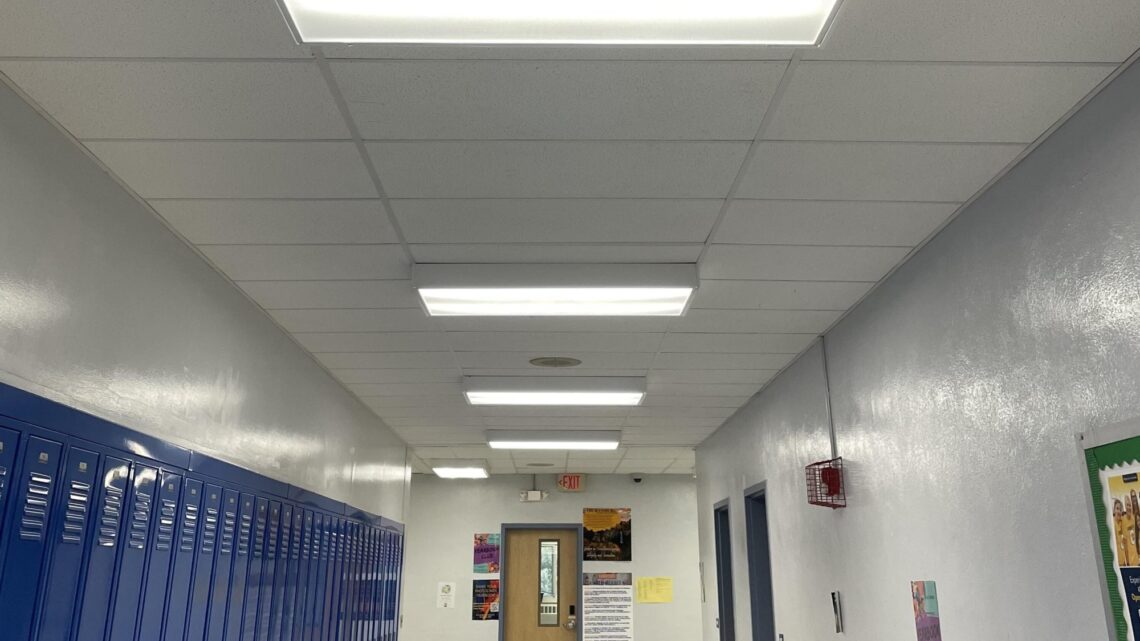 ceiling lights in a school hallway