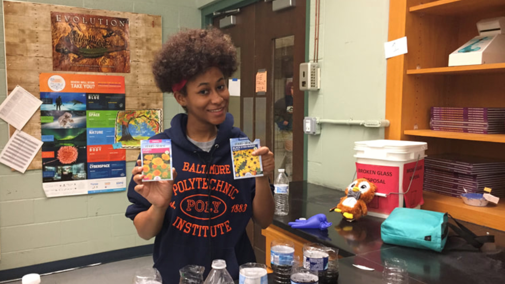 A student holding up seed packets while making plant pots