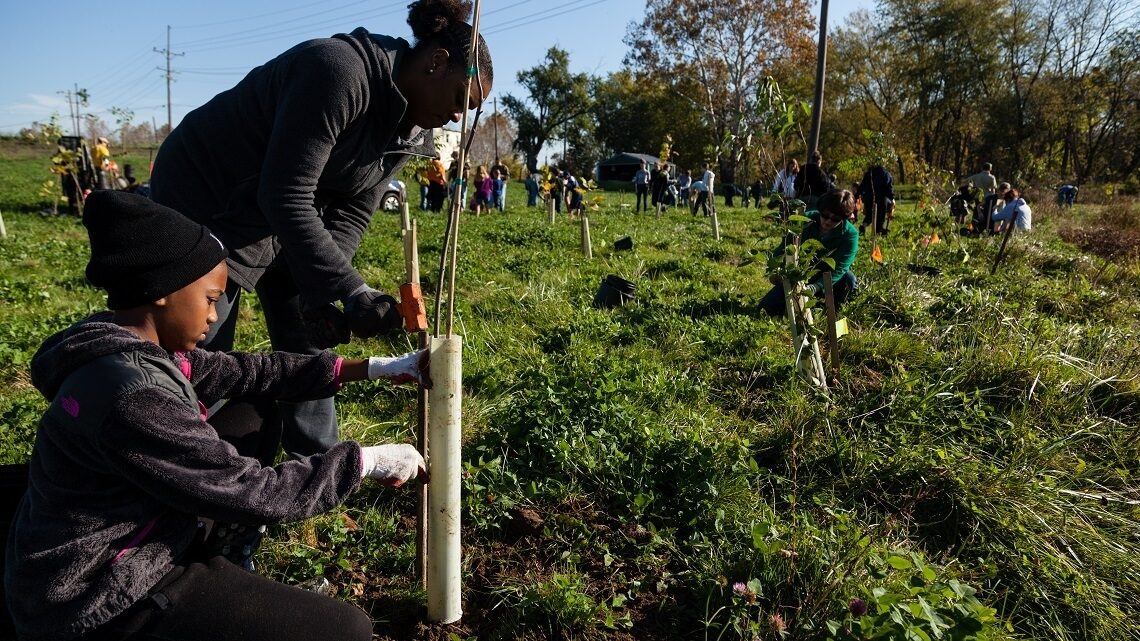 Natasha Beck of Frederick, Md., and her daughter Lauren Beck, 11, of Girl Scouts Troop 81534 participate in a tree planting