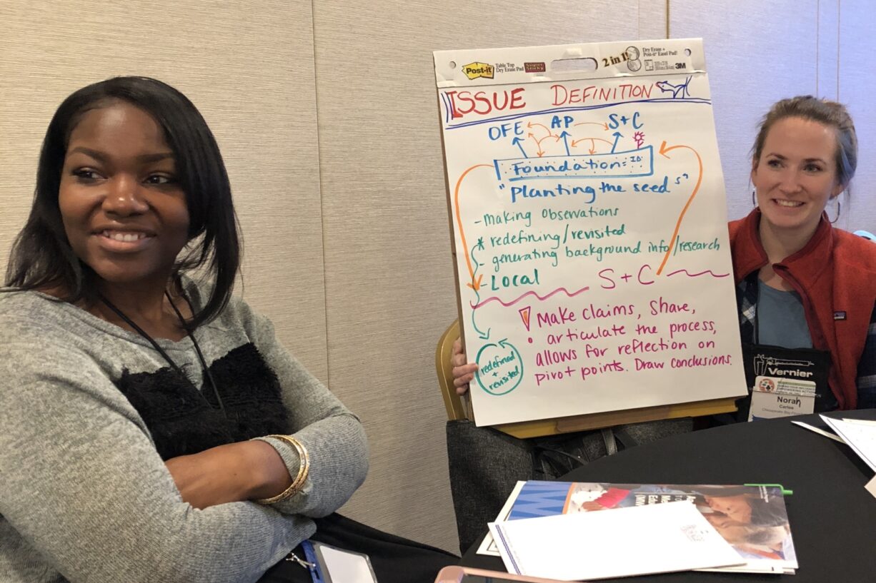 A woman holds up a poster filled with written ideas.