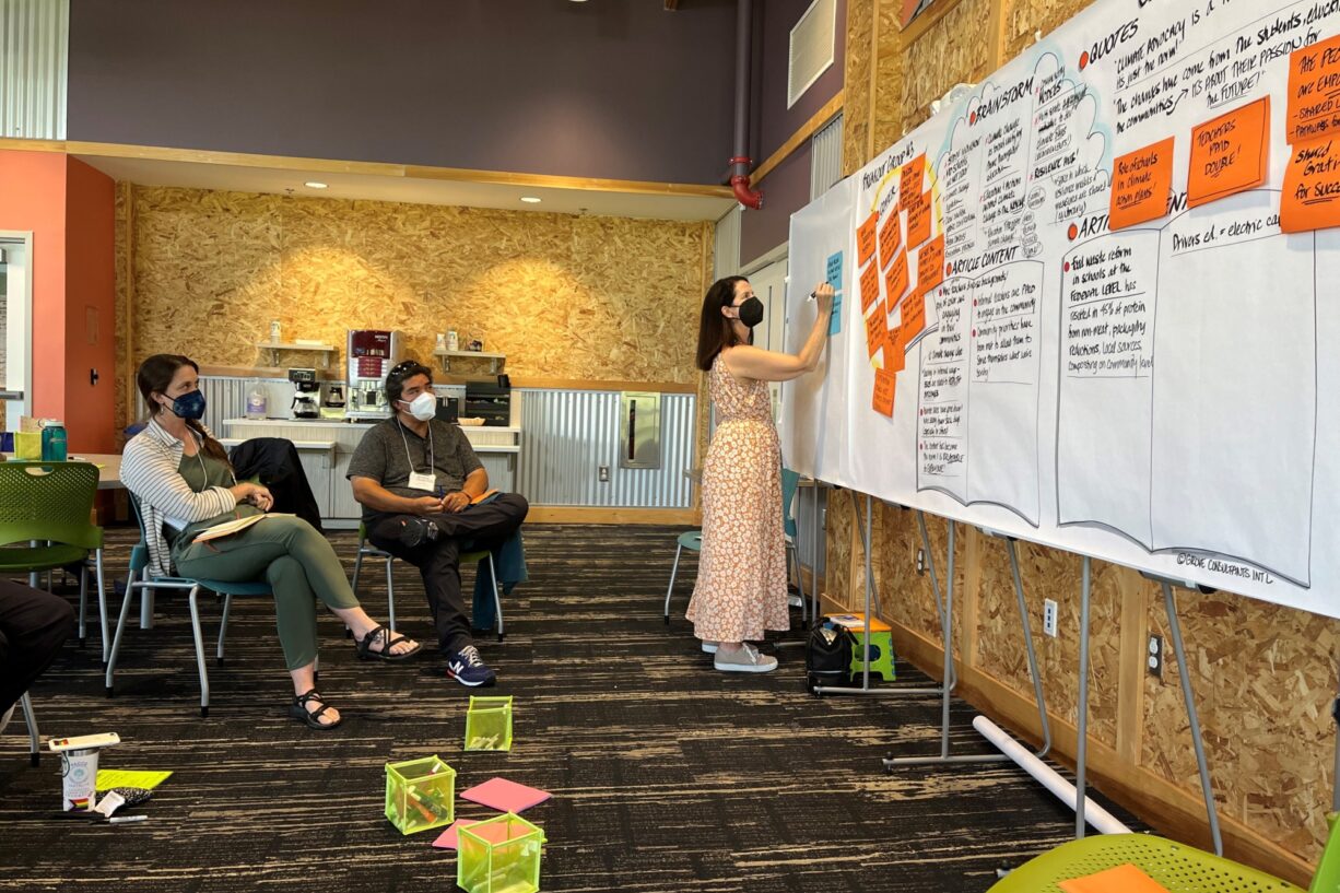 A woman writes an idea on a sticky note taped to the wall while her fellow brainstorming participants look on from their seats.